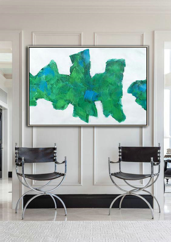 Huge Abstract Painting On Canvas,Horizontal Abstract Landscape Art,Abstract Painting Modern Art,White,Green,Blue.etc - Click Image to Close